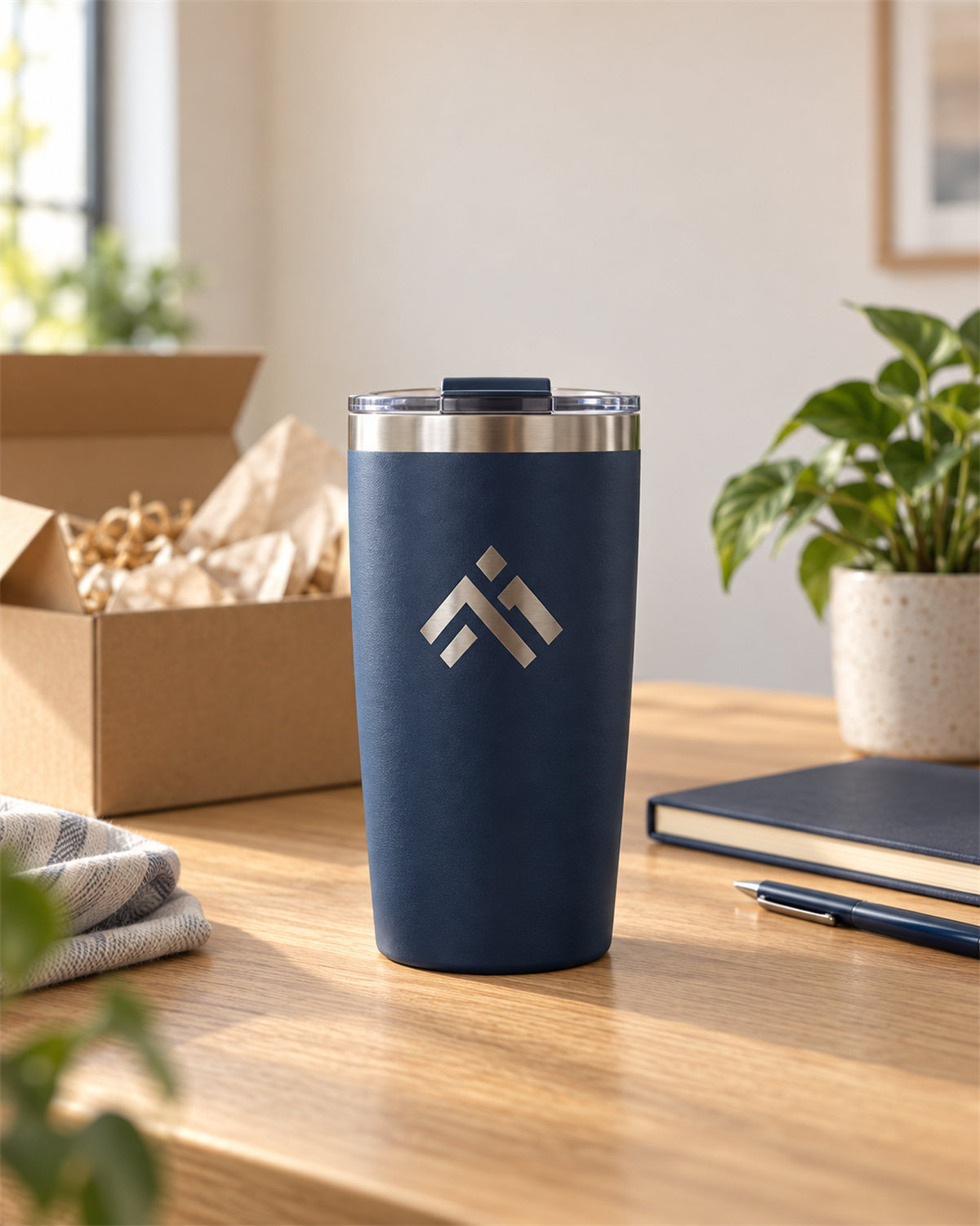 A navy laser-engraved stainless steel tumbler with a company logo, sitting on a desk beside an open kraft welcome-kit box, a notebook and a pen