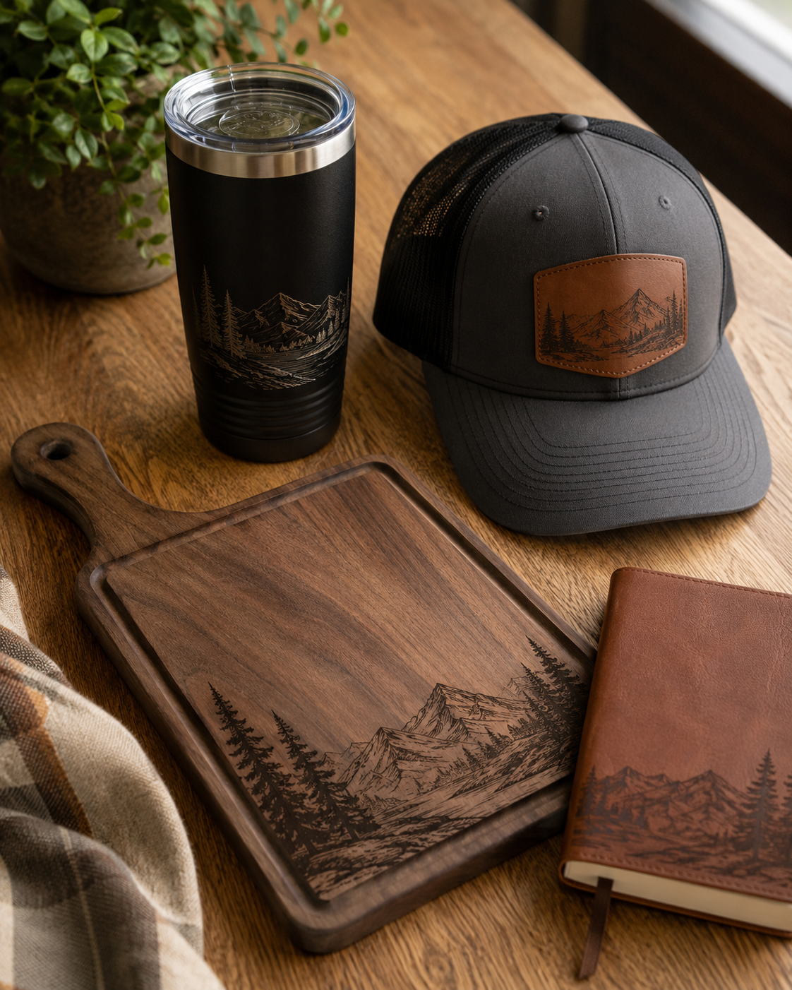 Engraved tumbler, leatherette patch hat, engraved walnut cutting board, and leatherette journal arranged on an oak surface — FirstMark custom branded products