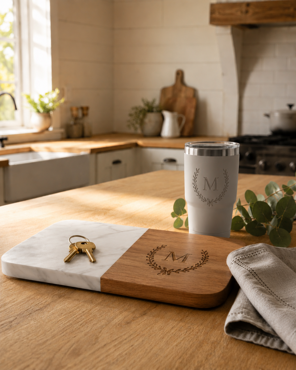 Engraved closing gifts for realtors — marble and acacia charcuterie board with a monogram, brass house keys, and a branded tumbler on a farmhouse kitchen island