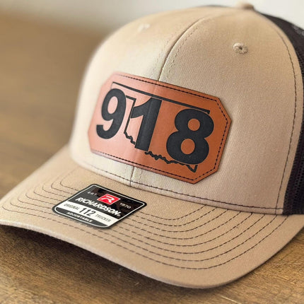 Tulsa 918 Hat - Oklahoma Area Code Leather Patch Hat - Richardson 112 Trucker Hat - Engraved Leatherette Patch - Father's Day Gift