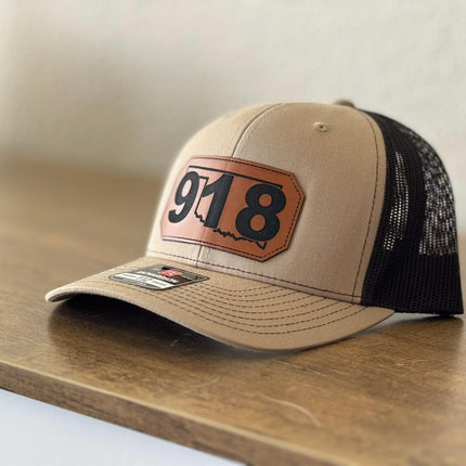 Tulsa 918 Hat - Oklahoma Area Code Leather Patch Hat - Richardson 112 Trucker Hat - Engraved Leatherette Patch - Father's Day Gift