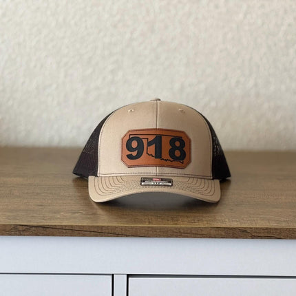Tulsa 918 Hat - Oklahoma Area Code Leather Patch Hat - Richardson 112 Trucker Hat - Engraved Leatherette Patch - Father's Day Gift