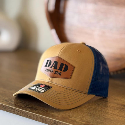 Personalized Dad Trucker Hat with Vegan Leather Patch Laser Engraved Kids Names - Custom Father’s Day Birthday Gift for Him