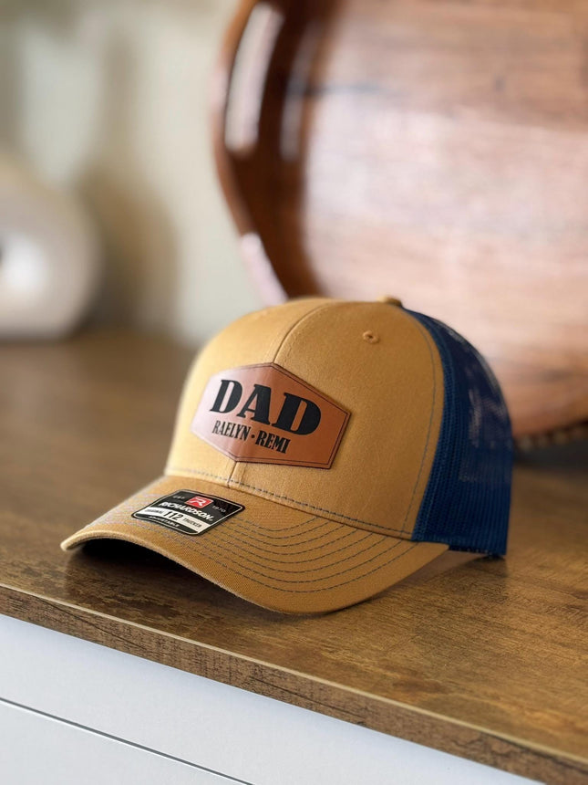 Personalized Dad Trucker Hat with Vegan Leather Patch Laser Engraved Kids Names - Custom Father’s Day Birthday Gift for Him