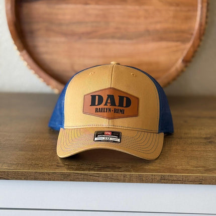 Personalized Dad Trucker Hat with Vegan Leather Patch Laser Engraved Kids Names - Custom Father’s Day Birthday Gift for Him