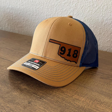 Tulsa 918 Oklahoma Hat - Richardson 112 Trucker Hat - Leather Patch Hat - Engraved Oklahoma Gift - Tulsa Area Code Hat - Father's Day Gift