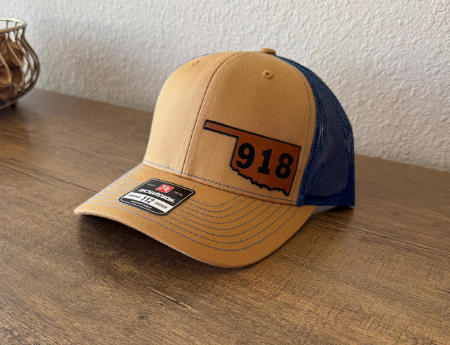 Tulsa 918 Oklahoma Hat - Richardson 112 Trucker Hat - Leather Patch Hat - Engraved Oklahoma Gift - Tulsa Area Code Hat - Father's Day Gift