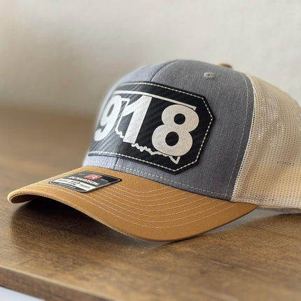 Tulsa 918 Hat - Oklahoma Area Code Leather Patch Hat - Richardson 112 Trucker Hat - Engraved Leatherette Patch - Father's Day Gift