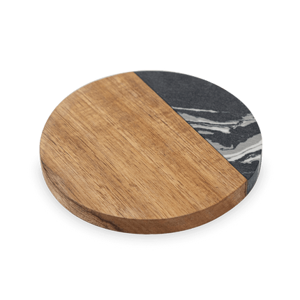 Set of 4 - Black Marble & Acacia Wood Coasters – Engraved Square, Hexagon, or Round