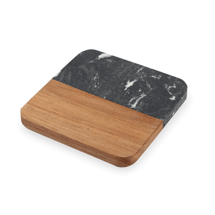 Set of 4 - Black Marble & Acacia Wood Coasters – Engraved Square, Hexagon, or Round