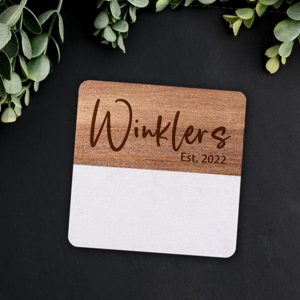 set of 4 - Marble & Acacia Wood Coasters – Square, Hexagon, or Round Engraved Set